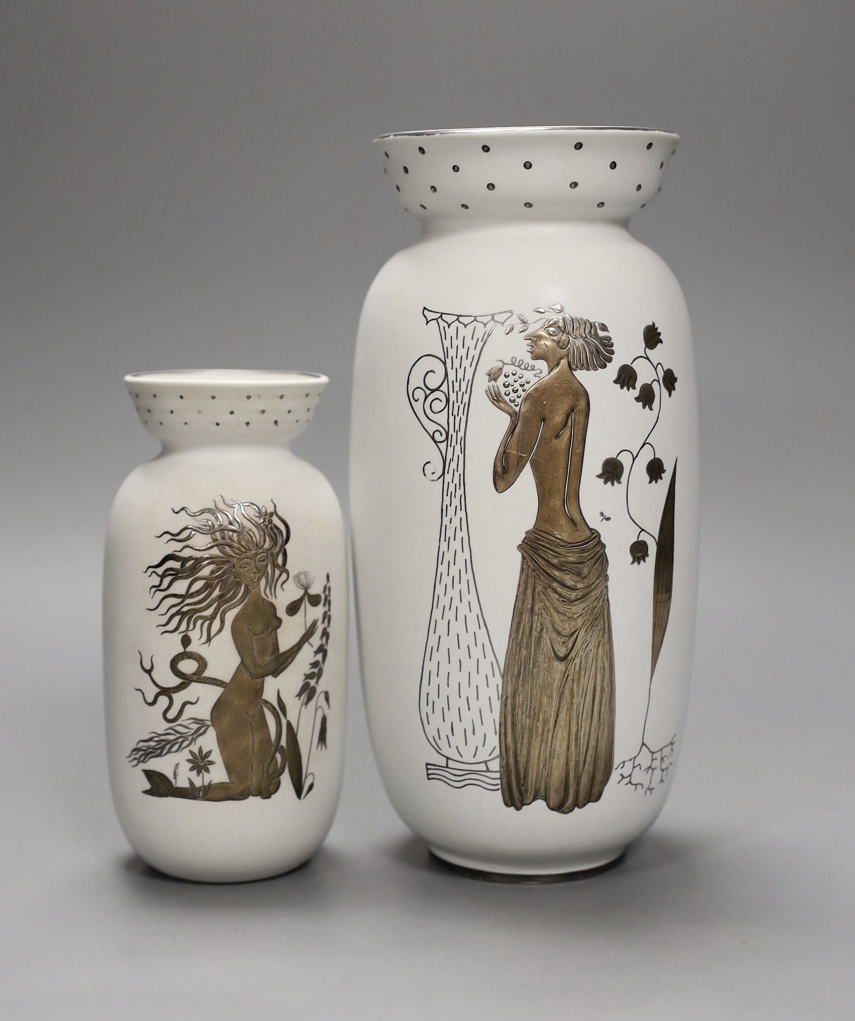 A Gustavsberg Stig Lindberg 215 shape Grazia vase decorated with a woman, vase and flowers, with dotted rim and a 216 vase with a nude woman, 20cm